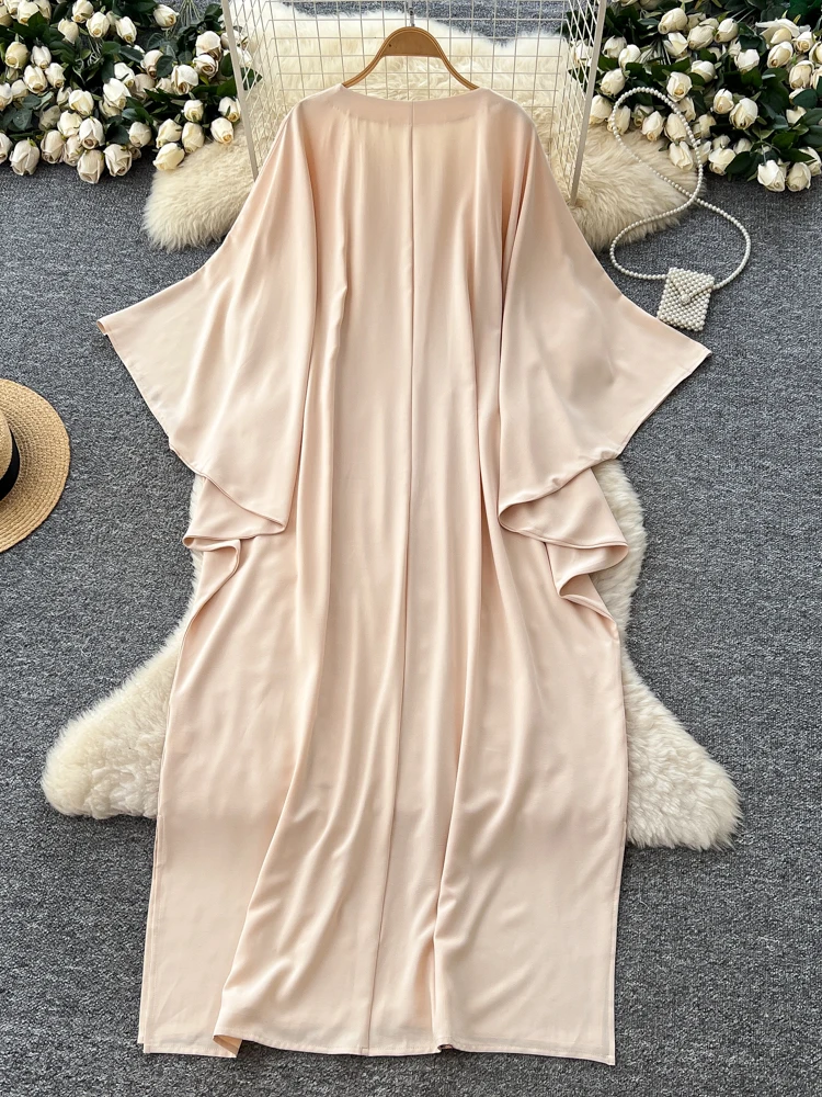 Vestido Largo Hoado con Mangas Murciélago y Parches Brillantes de Talla ande para Mujer, Estilo Industrial Pesado para Otoño
