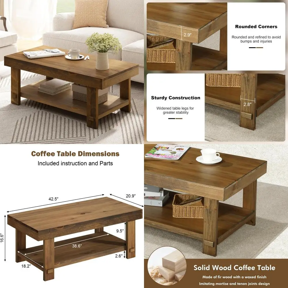 

Журнальный столик из цельного дерева для фермерского дома - прямоугольный журнальный столик из ели 42,5 дюйма с утолщенной столешницей и ножками, центральные столы в деревенском стиле w