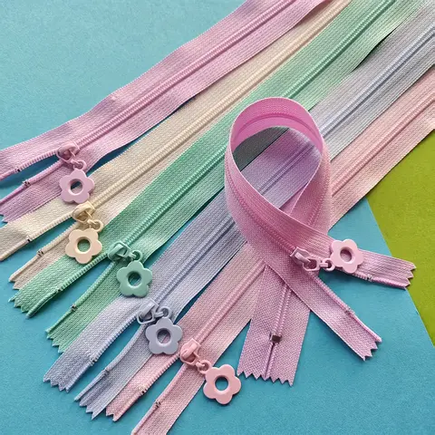 5pcs Pastel Nylon Flower Zippers, 25cm Self-Locking Colorful Zipper Pulls with Decorative Floral for DIY Sewing, Crafts Supplies