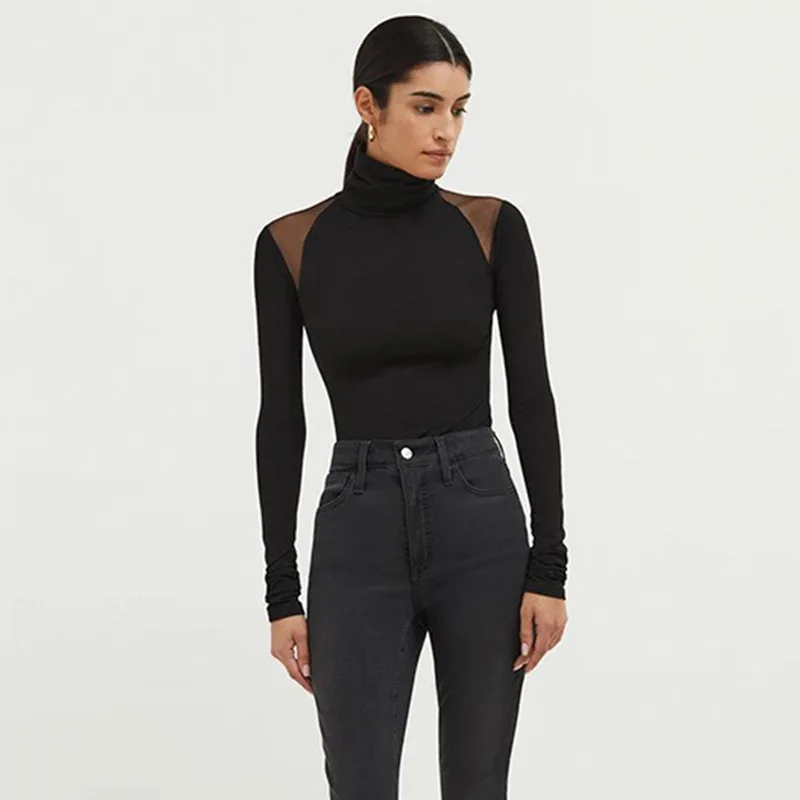 

Women High Neck Mesh Patchwork Slim Fit Stretch Long Sleeve Bodysuit Elegant Fashion One Piece Top for Daily Wear Street Style