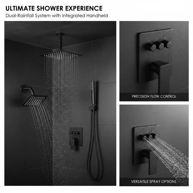 Matte Black Bathing Fixture Combo 10+6 Inch For Bathroom Apartment Hotel Double Overhead Spray Handheld Wand Rotatable 3-Function Brass Control Valve Trim Kit Ceiling Wall Mount Mixed System