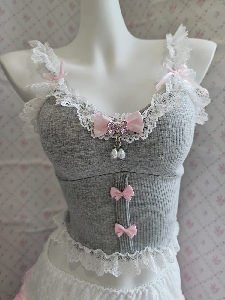 

Cute Crop Top Women Lace Trim Cotton Cropped Bows Pendant Decoration Camis for Sweet Girls Lolita Style Kawaii Clothes