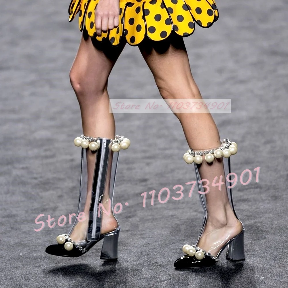 Pearl Decor Clear Pvc Knee High Boots Women Novelty Round Toe Crystal Wrap Block High Heels Shoes Summer Trending Splicing Shoes