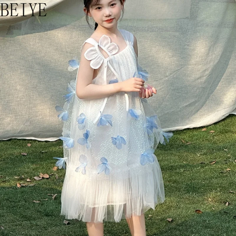 Summer Fashionable Suspender Vest Dress Girls New Sleeveless Butterfly Fairy Dress Children's Daily Wear Mesh Princess Dress