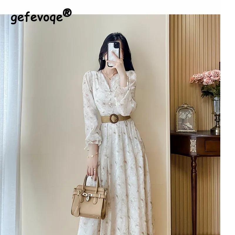 

2023 Autumn Women's New Fashion Elegant Fragmented Chiffon Dress High Waist Slim Fit Flowering Slim Comfortable Long Dress