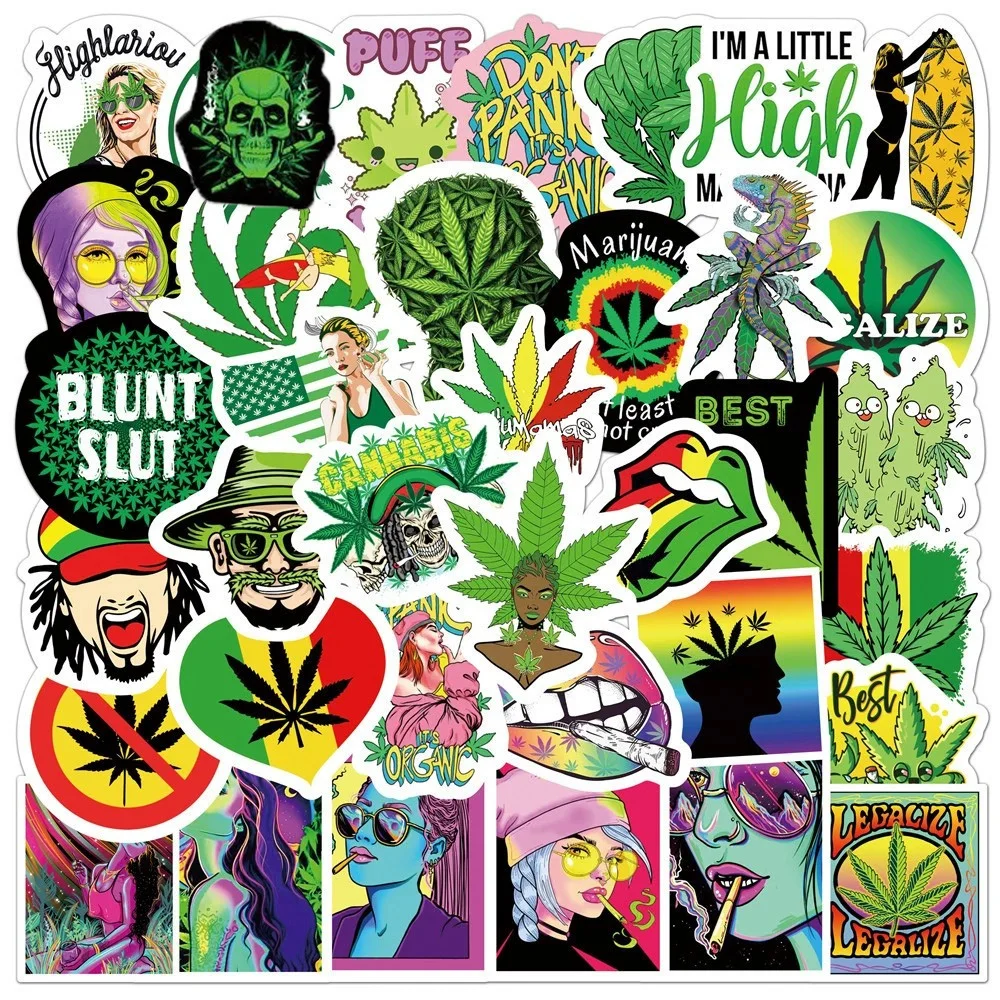 50/100PCS Cool Weed Leaves Spoof Characters Stickers Personalized Motorcycle Helmet Skateboard Waterproof Graffiti Sticker Toys