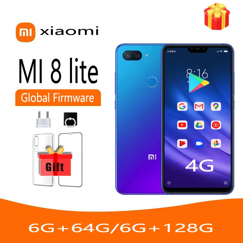 Global rom smartphone xiaomi 8 lite 6G 128G Snapdragon 660AIE 18W Fast charging 6.26'' screen 24MP selfie 3350mAh battery