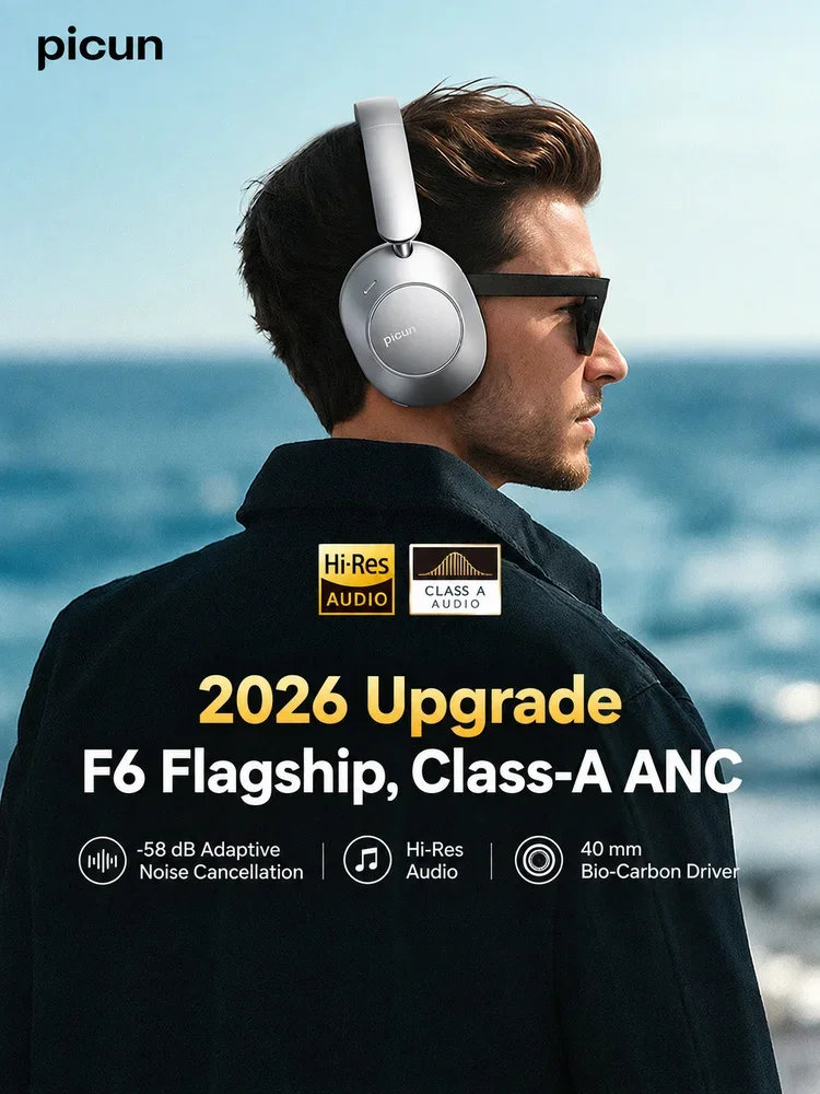 Picun F6 Over-Ear Wireless Headphones, -58 dB Adaptive ANC, Hi-Res Audio, 40 mm Bio-Carbon Driver, 6-Mic ENC Calls