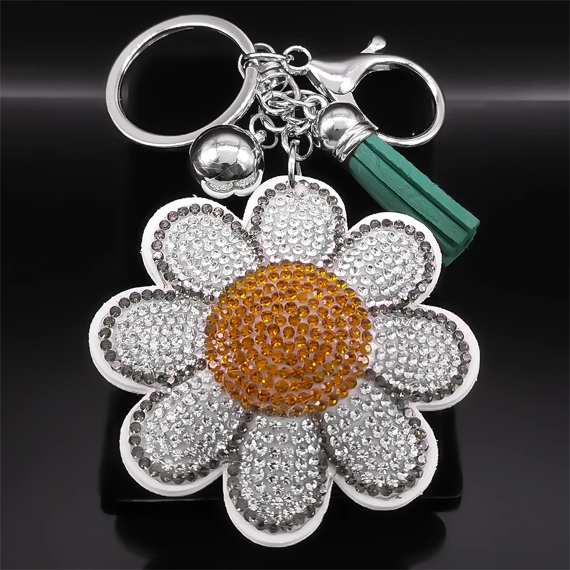 Cute White Flower Keychain for Women Girl Silver Color Alloy Rhinestone Bag Charm Keyring Holder Jewelry llaveros KZZZ184S01