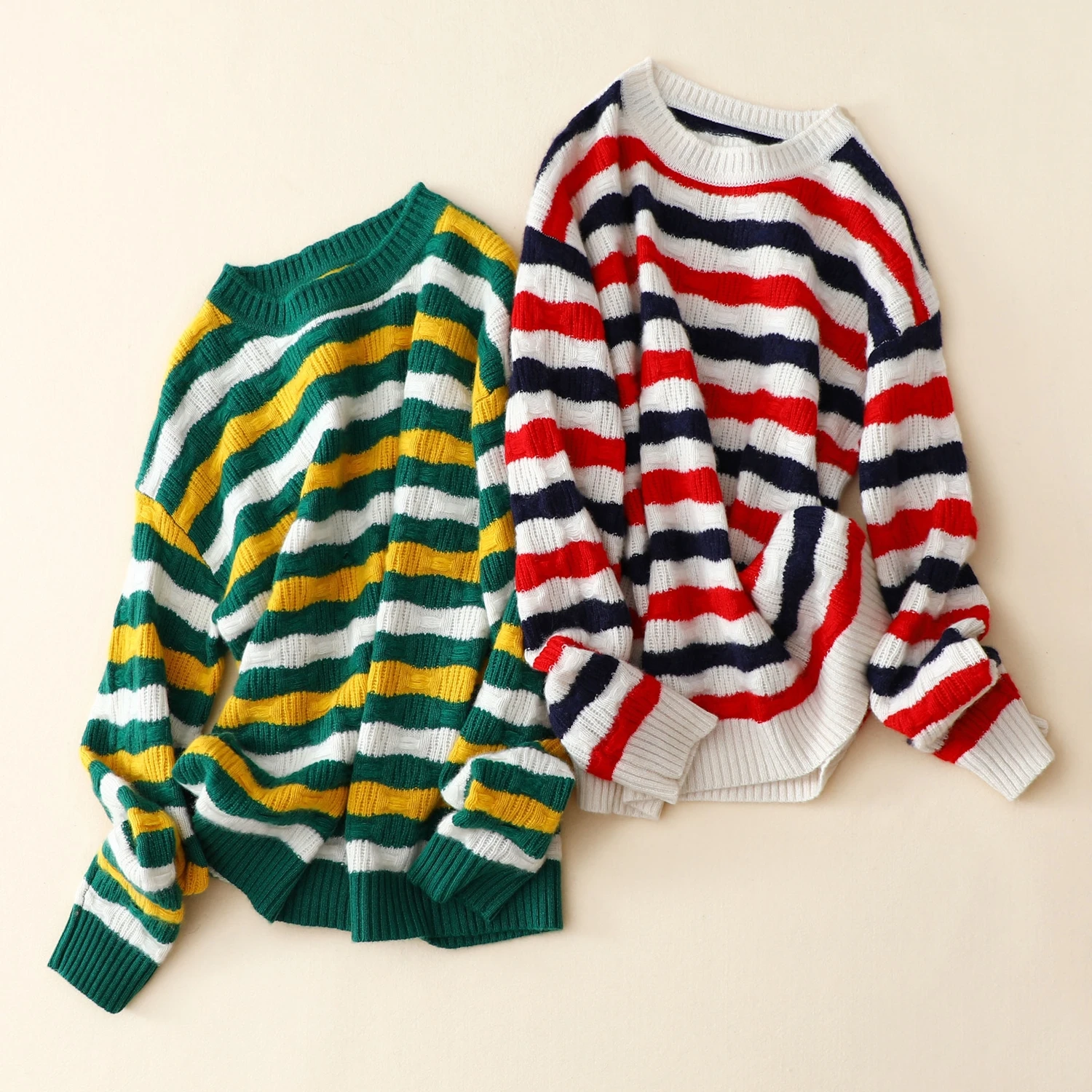 masigoch korean autumn winter new loose chic knitwear 7gg thick knit luxury 100% cashmere striped  sweater women