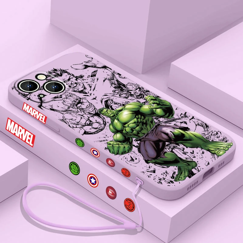 Avengers Hulk Phone Case For Apple iPhone 15 14 13 12 11 Pro Max Plus 8 7 SE Liquid Left Rope Capa Cover