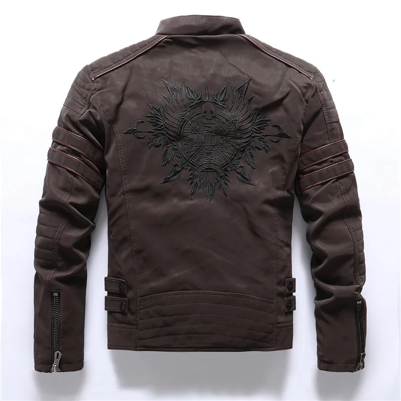 Winter lederen motorjas heren fleece warm causaal motorfiets borduurwerk pu jassen multi-pocket vintage uitloper windjack