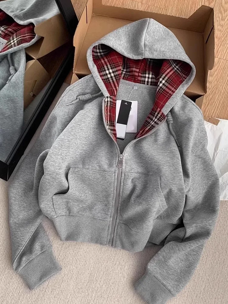 

Korean Style Plaid Patchwork Hoodie Jacket Women's Loose Versatile Open Cardigan Top for Autumn Winter Casual Commute