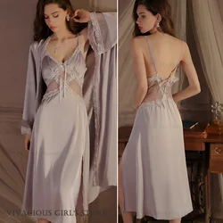 Sexy Lace Female Twinset Robe Set Intimate Lingerie Spring Summer Sleepwear Loungewear Ice Silk Satin Long Nightdress Homewear