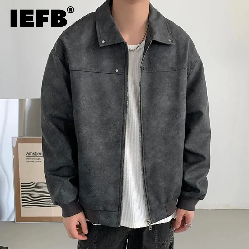 IEFB Autumn Men's Jackets Casual PU Leather Solid Color Turn-down Zipper Metal Button Male Loose Coats Stylish Menwear 9C7181