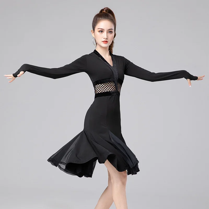 Robe de soirée à manches longues pour femmes, costume de performance de danse latine, maille noire sexy, col en V, pratique de la danse pour adultes