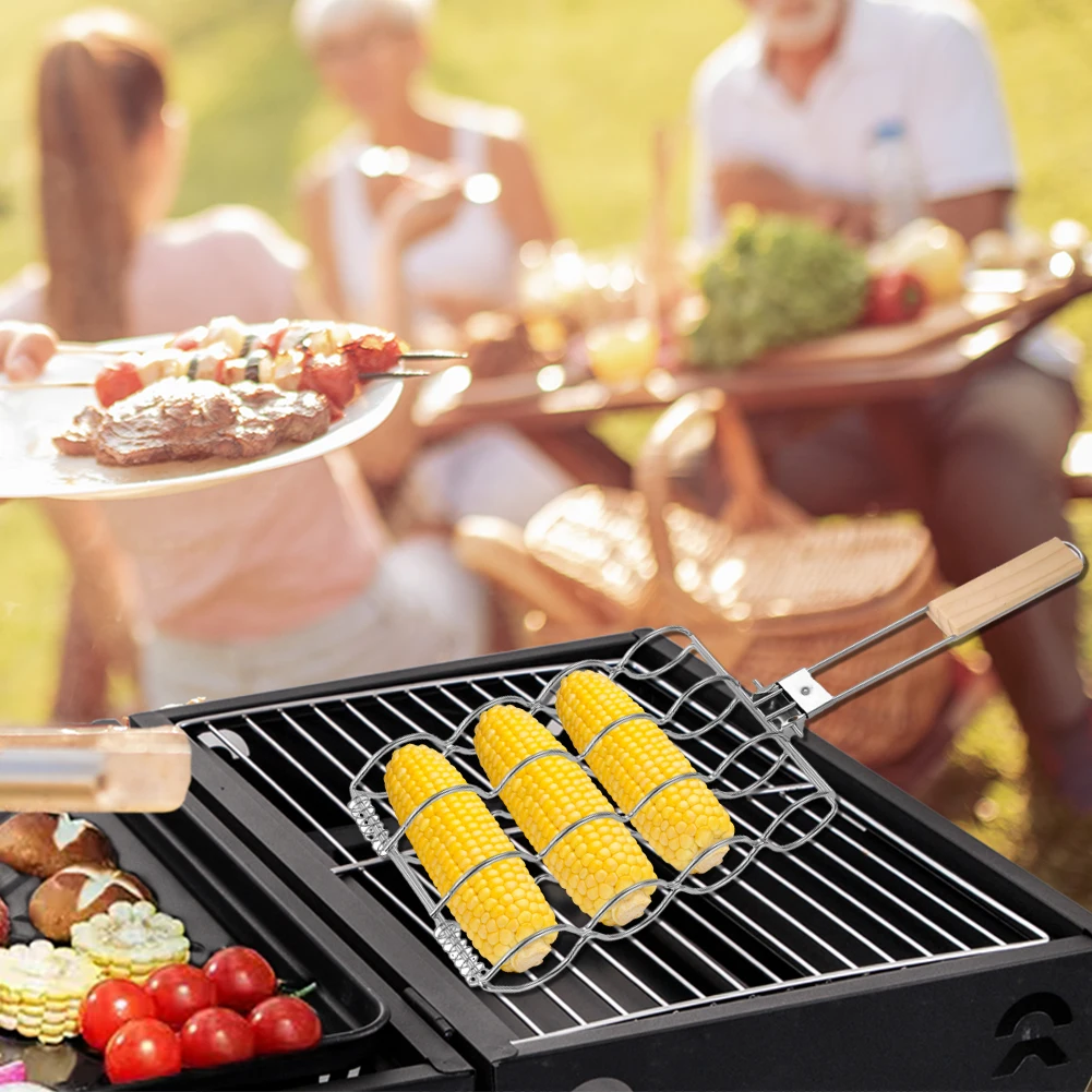 Stainless Steel Corn Grilling Basket Folding Sausage Clip Even Heat Distribution with Wood Handle for Grilling Outdoor Cooking