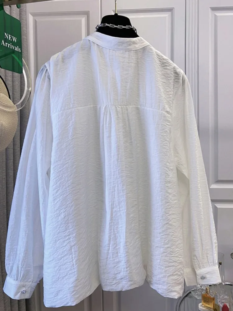 Oversize primavera rendas em torno do pescoço camisa feminina coreano manga longa casual solto senhoras blusas topos blusa feminina