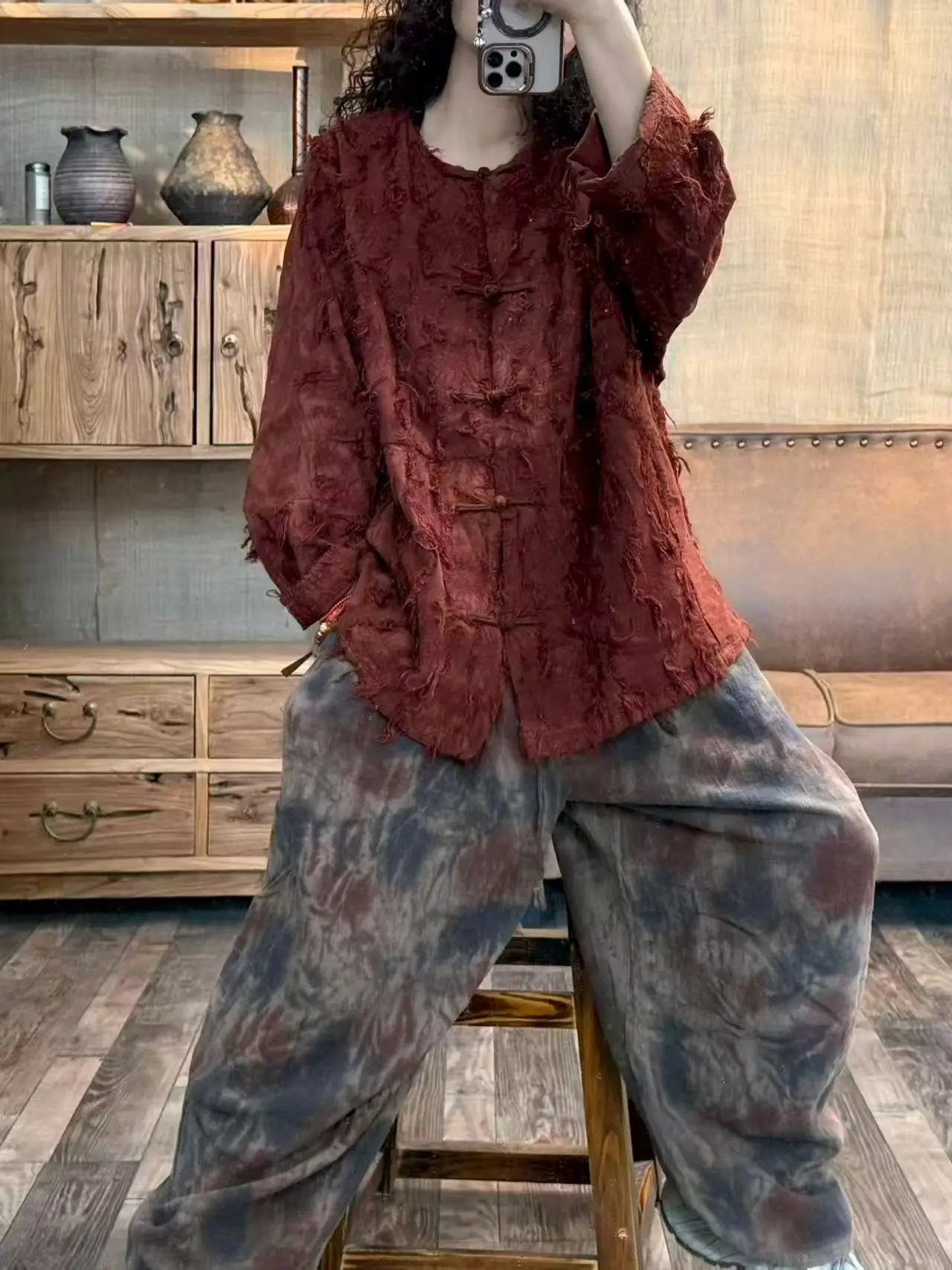 

New FF2026 Ethnic Sle Chinese Zen irt Worn Look Fringe Texture round Ne Jaet Loose Fit Long Sve Traditional Chines...