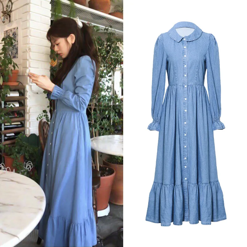 Vintage Denim Maxi Dresses for Women, Long Jeans Dress, Peter Pan Collar, Single-Breasted Flare, Long Sleeve, New, Fall, 2023