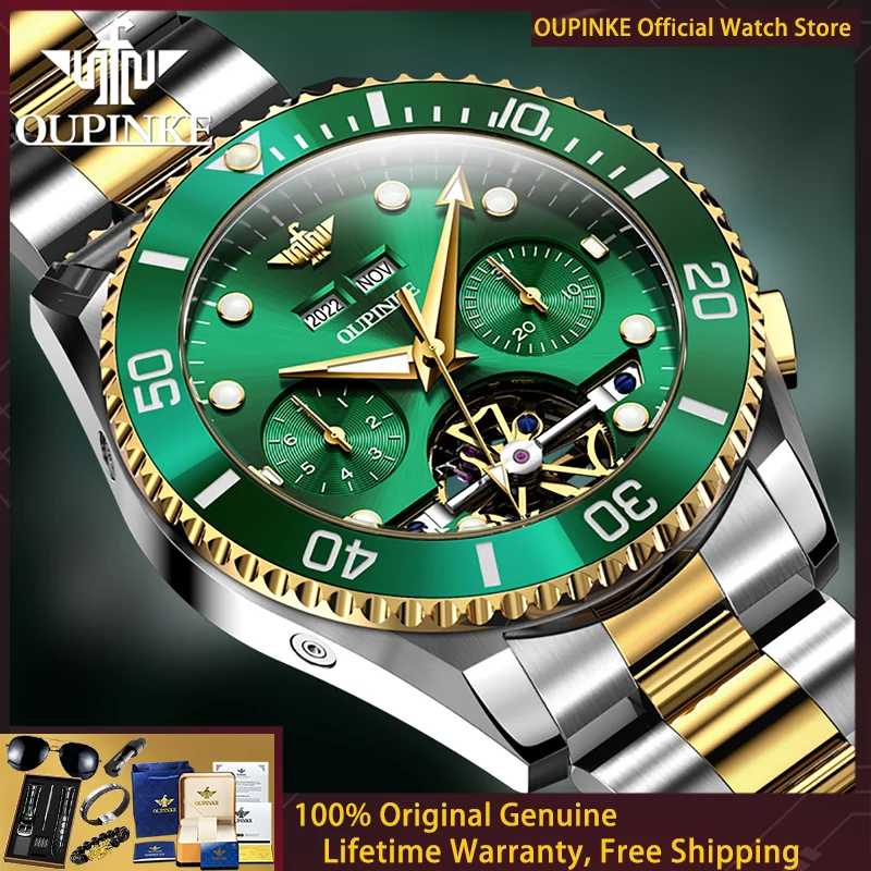 OUPINKE Men Watch Luxury Brand Automatic Mechanical Watch Diving Hollow out Flywheel Watch Calendar Week Men Sports Watch 3229