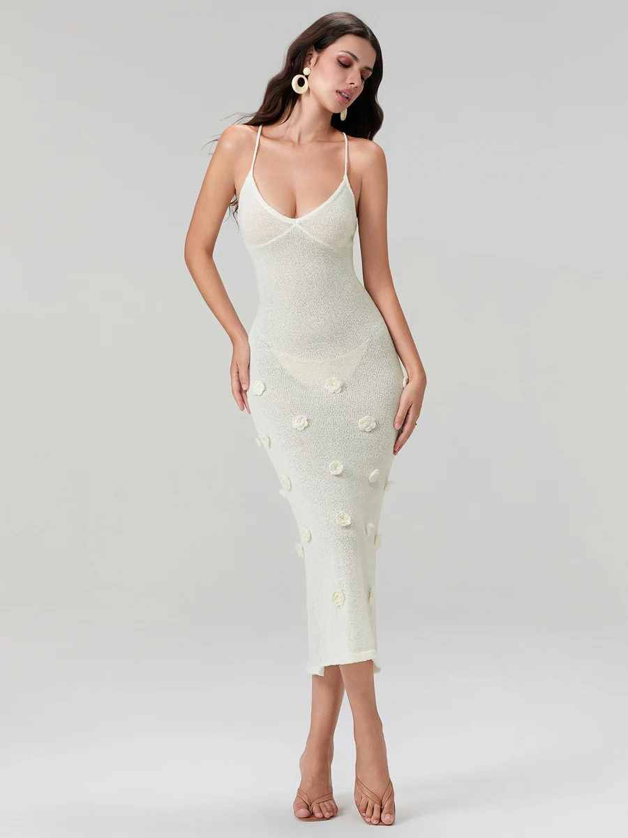 여성용 긴 니트 캐미 원피스 민소매 오픈 백, V넥 백 크로스 타이 업, 3D 꽃 장식 드레스, 스트리트웨어