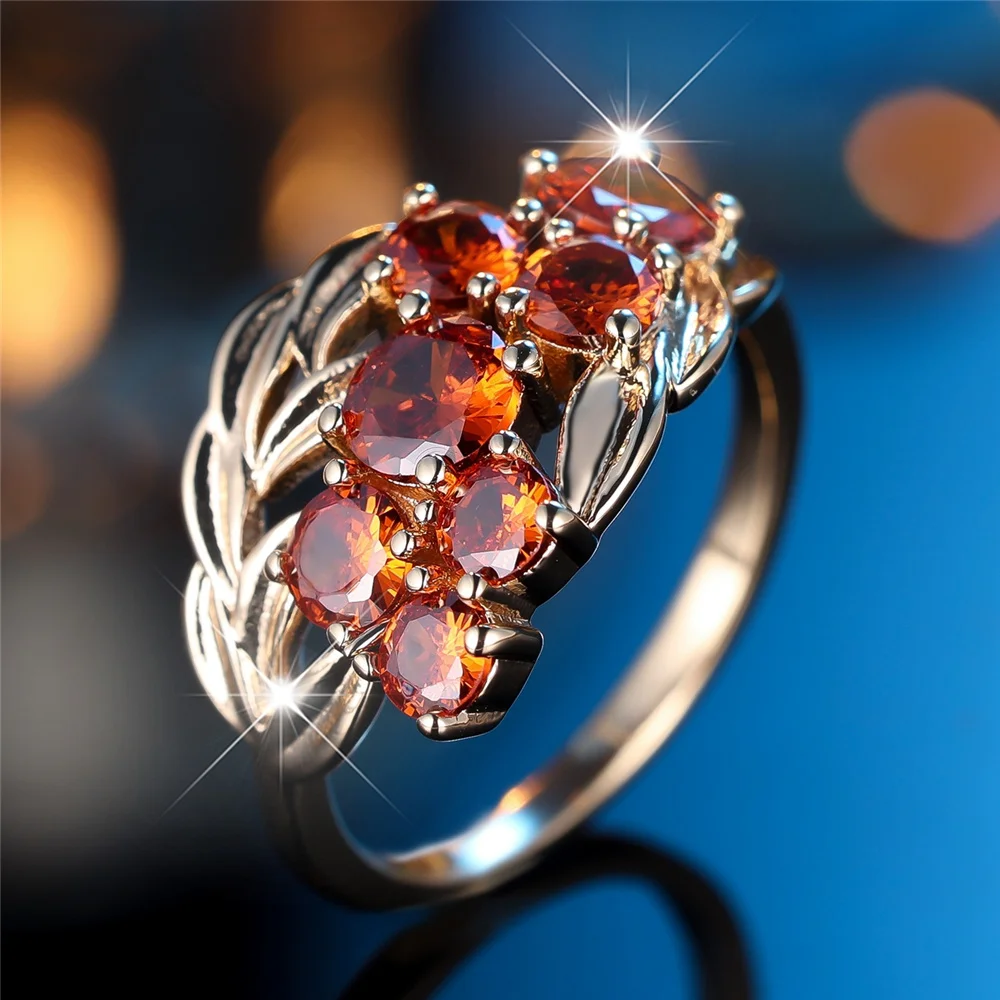 Crystal Female Small Red Zircon Stone Engagement Wheat Ring Vintage Gold Color Wedding Bands Jewelry For Women Men