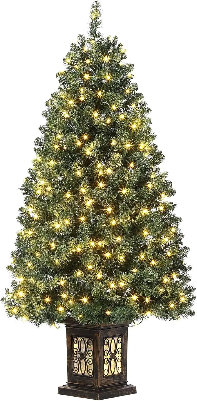 145cm artificial Christmas tree, 300 lights, 8 modes, warm white, with retro light cans, Christmas decorations