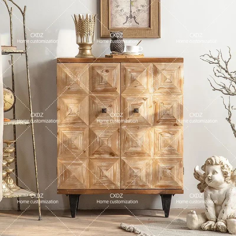 American Rural Retro Solid Wood Side Cabinet Storage Console for Living Room Entrance Hall Sofa End Table Bedroom Nightstand
