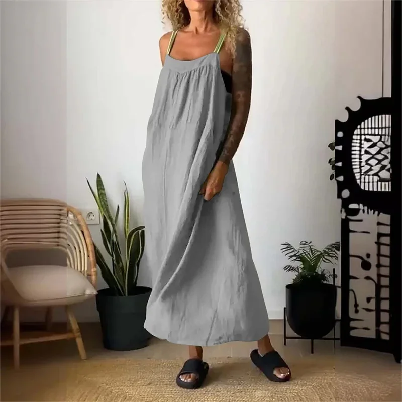 Women Cotton Linen Solid Color Dresses Side Pocket Backless Suspenders Dress Female Daily Comfortable Casual Commuter Gown 2024