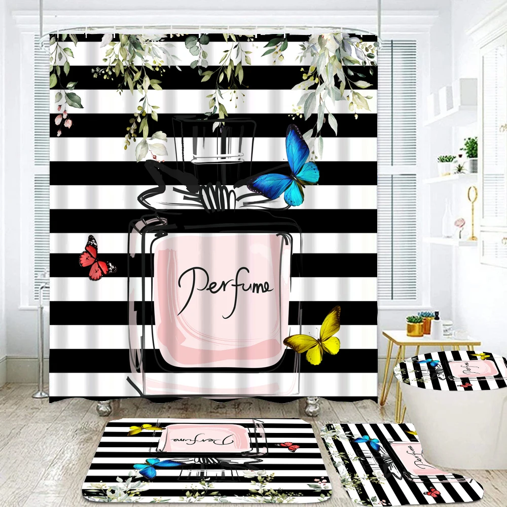 

Fashion Perfume Flowers Butterfly Girl 3D Printing Waterproof Shower Curtain with Rug Toilet Cover Bath Mat Set Bathroom Decor