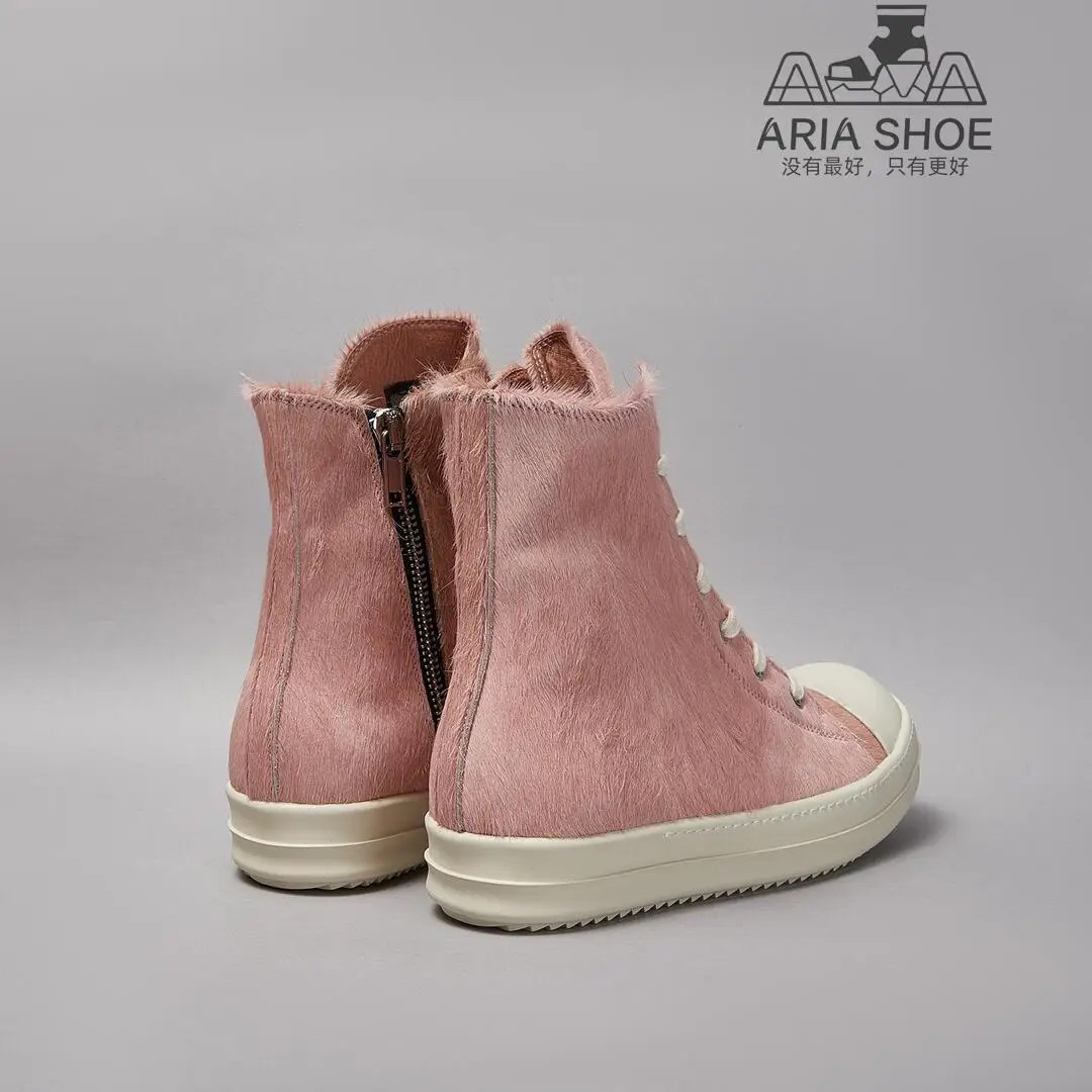 Ricks Sexy Pink Fur Horsehair Shoe Women Owens Genuine Leather Shoe Men High Top Lace-up Zipper Owens Designer Ankle Boot Women