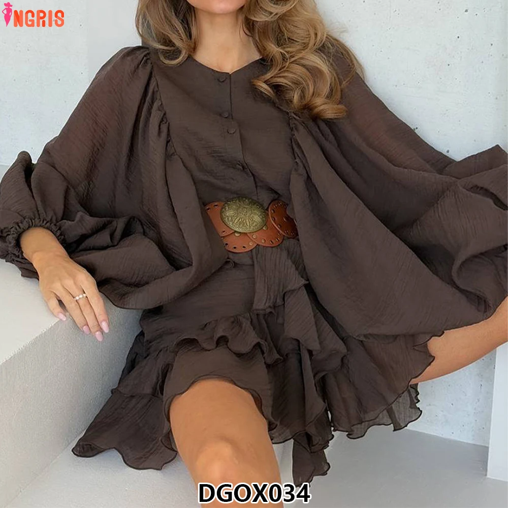 

2025 Autumn New Women's Fashion Solid Color French Dresses Long Sleeve Chiffon Pleated Dress-DGOX034