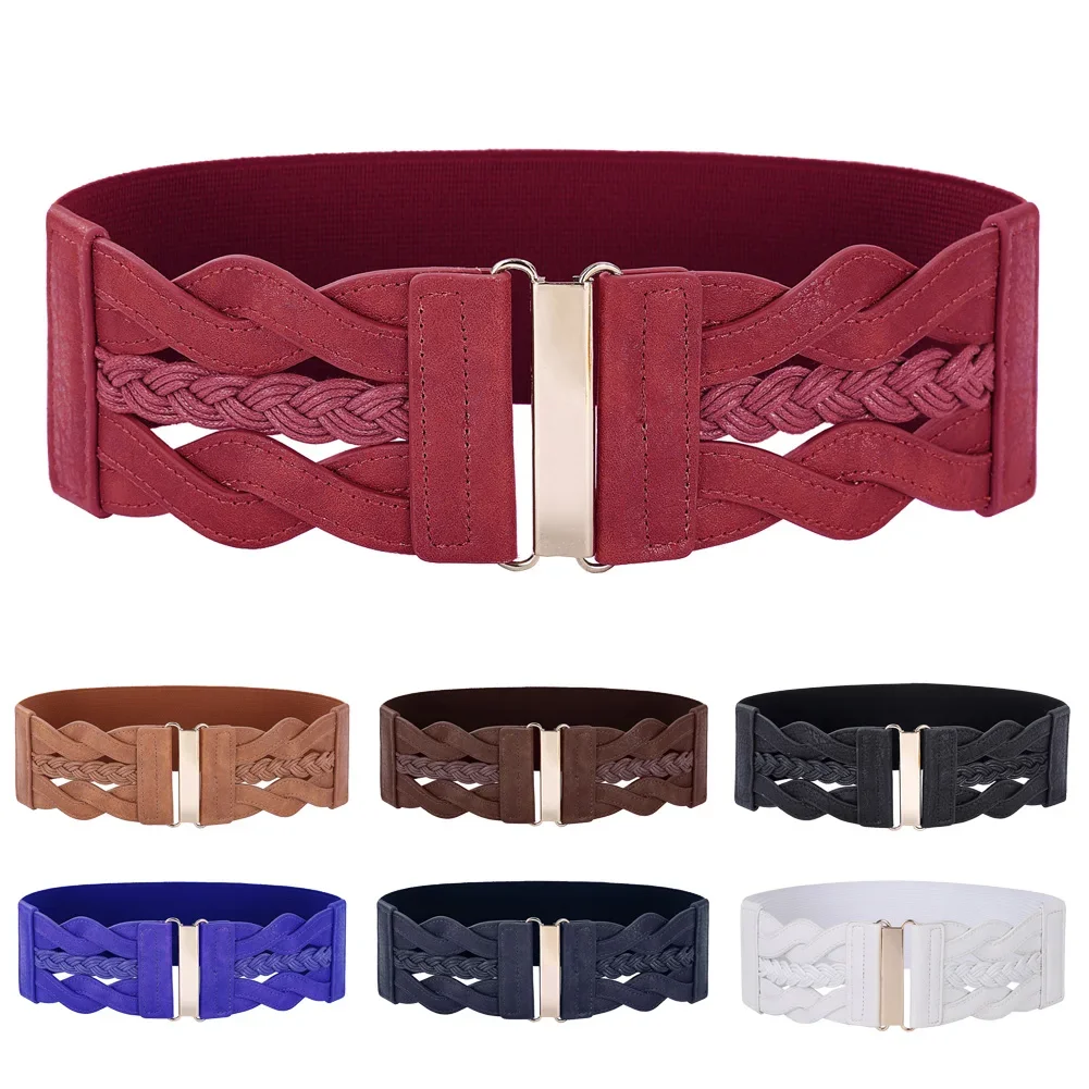 Hot Sale Women Ladies Girls Fashion Waist Belt Wide Braided Polyurethane Leather Stretchy Elastic Waist Ceinture Waistband Cinto