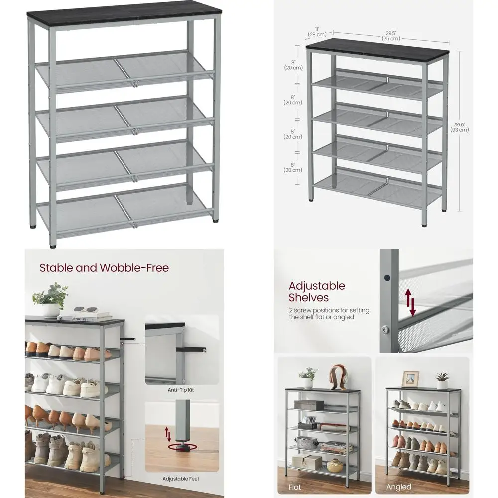 

5-Tier Entryway Shoe Organizer with Storage and Adjustable Shelves, Industrial Style, Charcoal Grey & Silver ULBS038E22