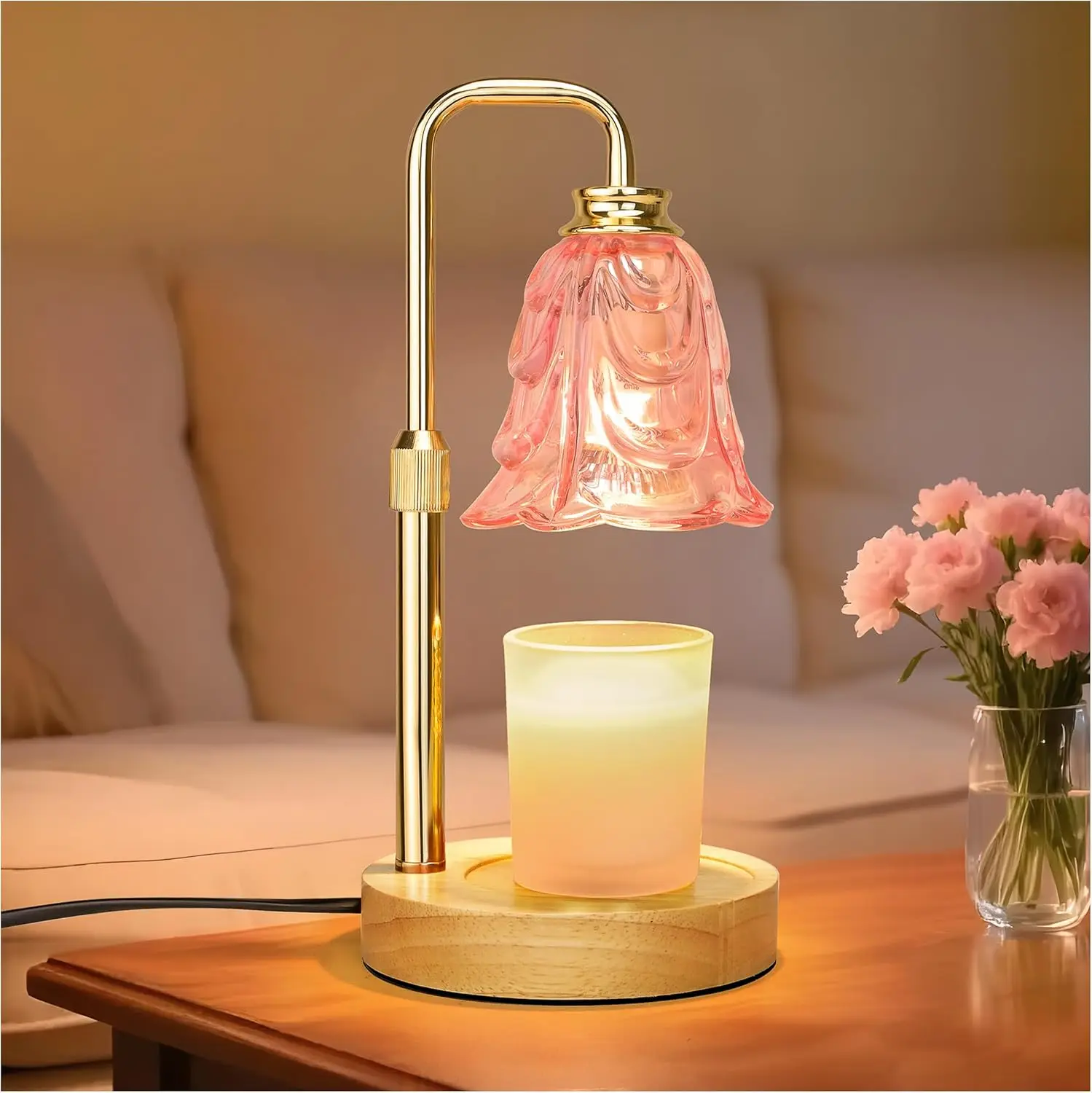 Pink Tulip Candle Warmer with Timer & Dimmer, Adjustable Height for Safe Home Decor and Gifts