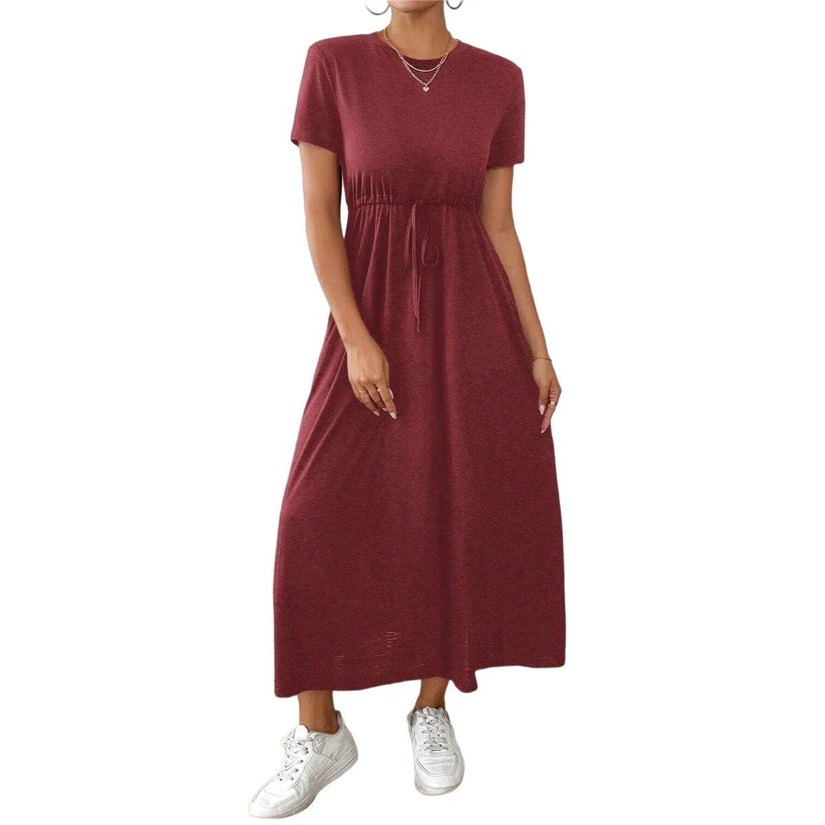 

Women'S Short Sleeve Maxi Dresses Casual Long Dress with Pockets Claret XL