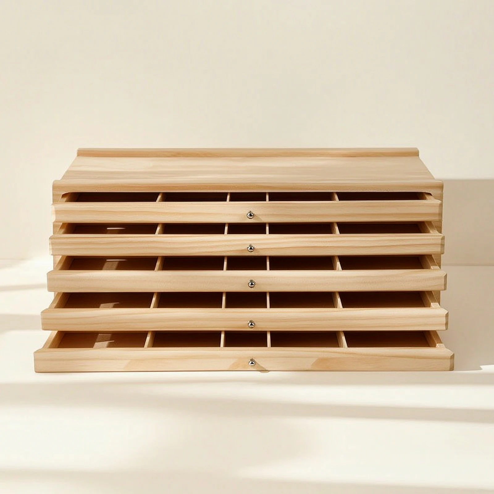 Wood Art Storage Box Compartmented Art Supply Drawer Box Natural Finish Rectangular for Artists, Craft Room, Desk