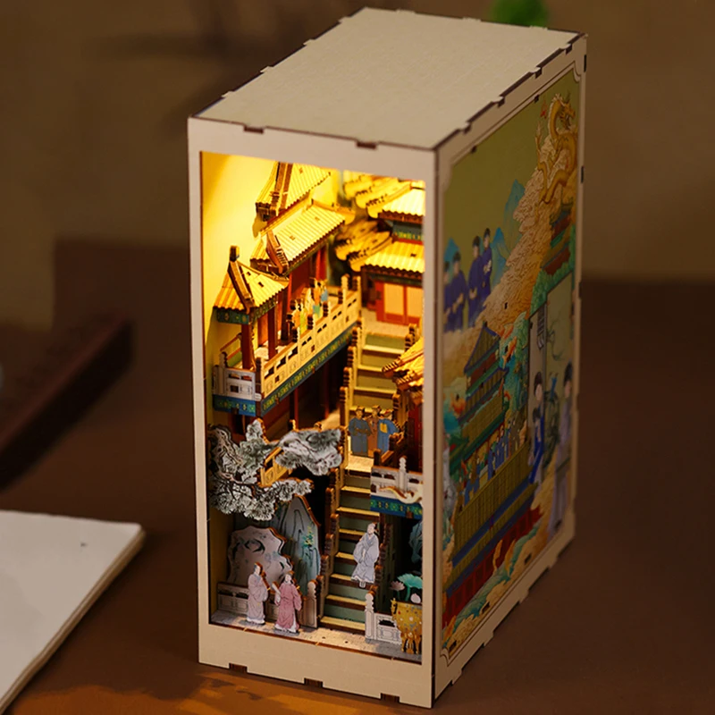 

DIY Wooden Book Nook Shelf Insert Kits Miniature Model Kit Chinese Ancient Street View Bookshelf With Light Bookends Adults Gift