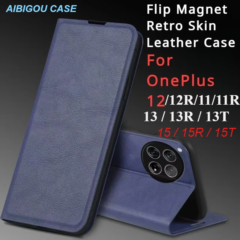Étui Premium Rétro en Cuir à Rabat Magnétique à Fermeture Automatique Couverture Complète pour OnePlus 12, 12R, 13, 13R, 13T, 15, 15R, 15T, 11R, 11