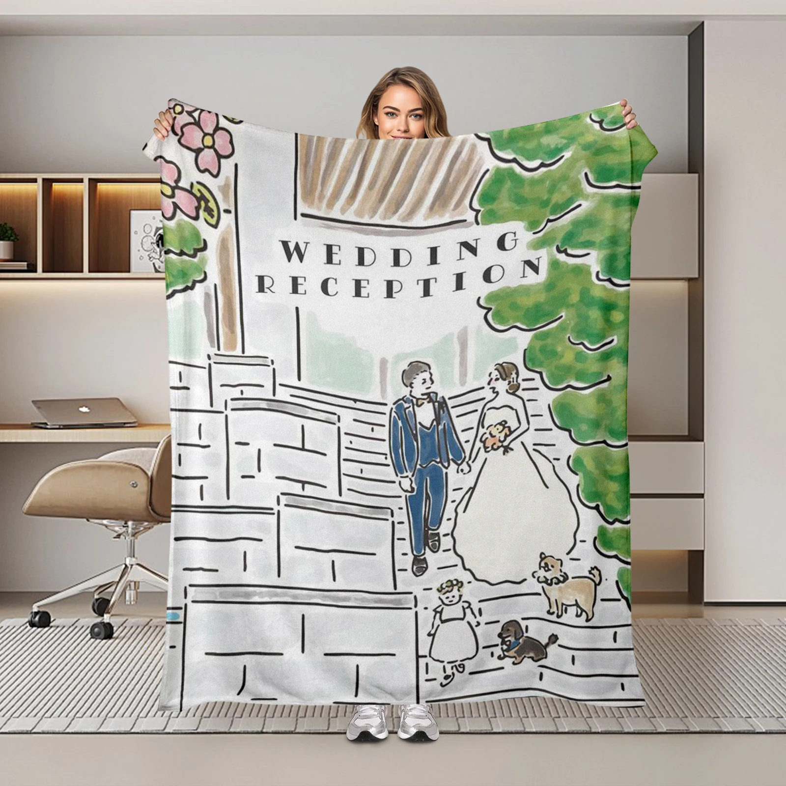 Romantic Sketch Of Newlywed Couple At The Staircase Blanket, A Special Gift For Wedding Season.