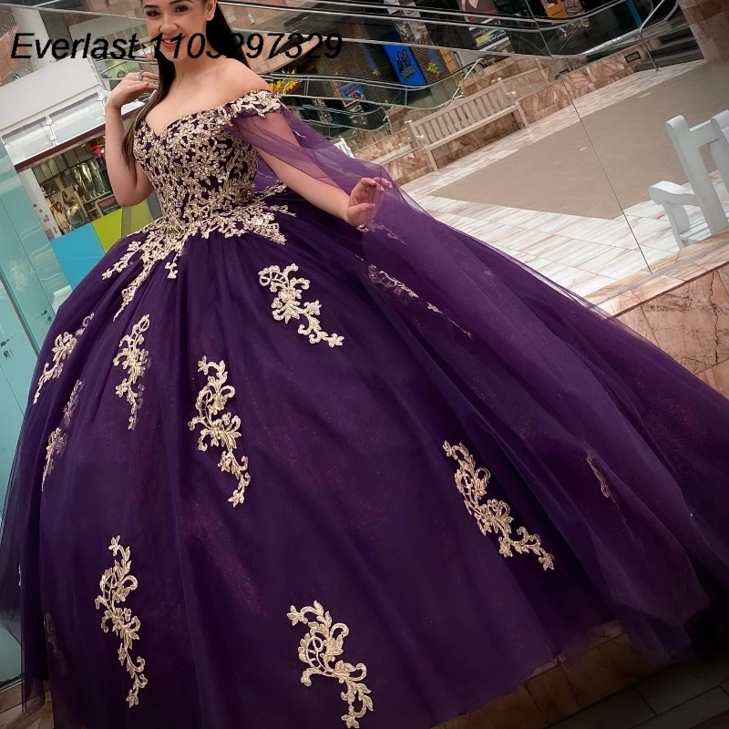 

EVLAST Luxury Purple Quinceanera Dress Ball Gown Gold Lace Applique Beaded Mexican With Cape Sweet 16 Vestidos De 15 Años TQD852