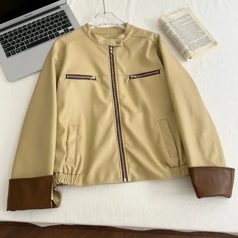 Blouson en cuir PU pour femme, col rabattu, manches longues, fermeture éclair, design patchwork, automne, nouveau, 2024