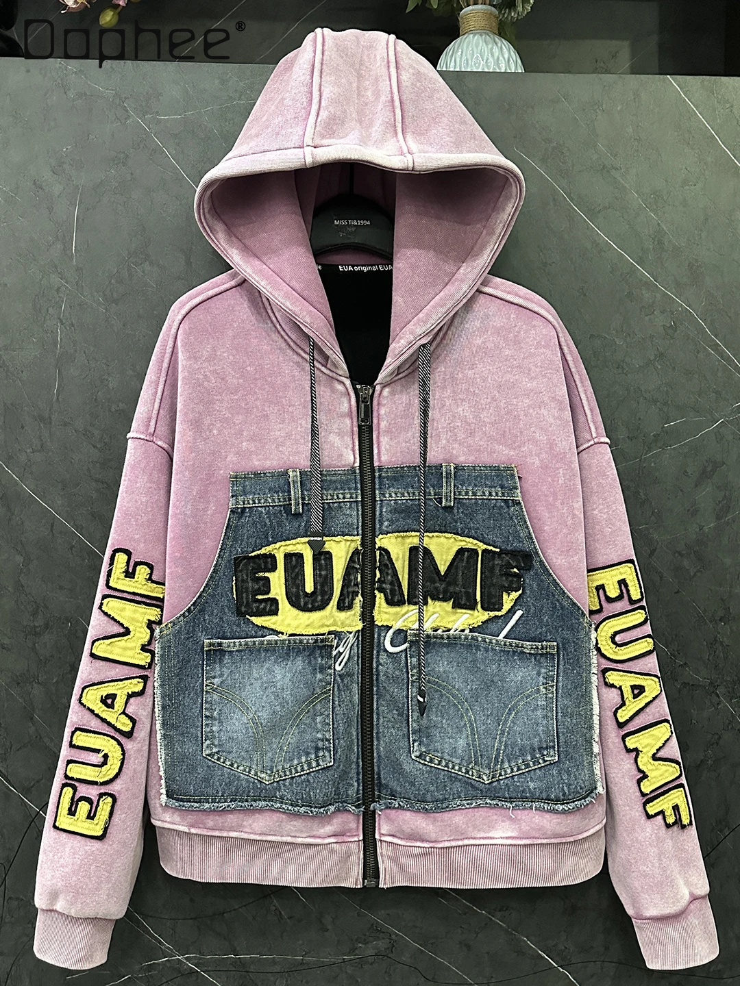 

Pink Fleece Sweatshirt Autumn Winter Heavy Industry Patch Embroidery Splicing Hooded Jacket for Women Loose Casual Style Top