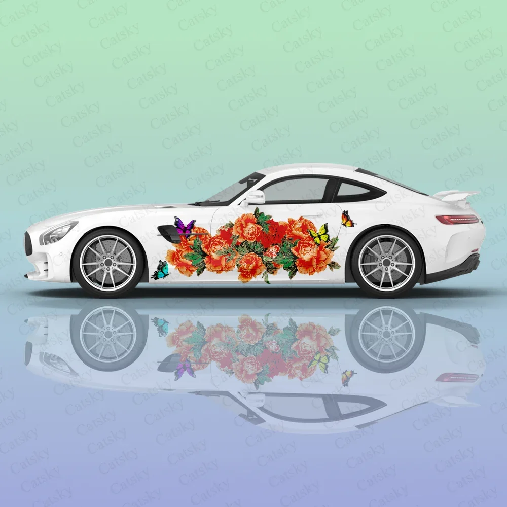 Colorful Beautiful Peony Pattern Car Body Sticker Vinyl Auto Accessories Side Decal Decoration Sticker Wheel Protective Film