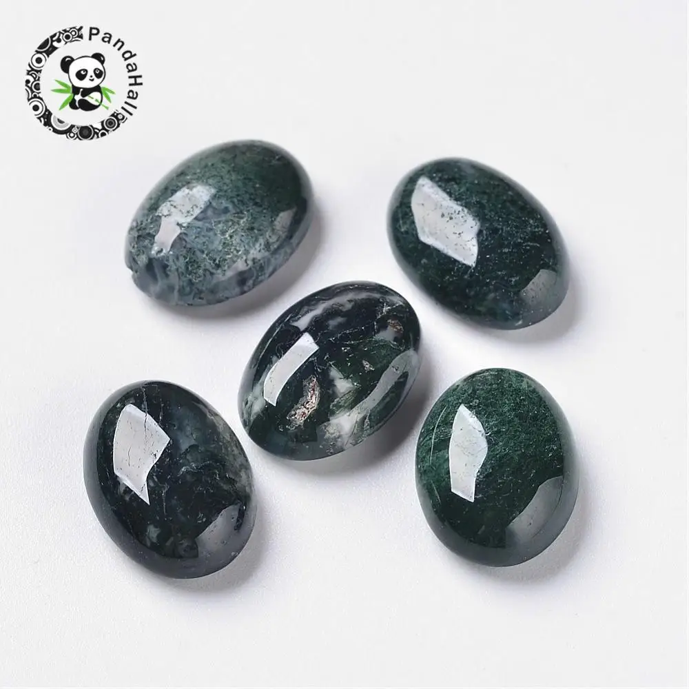 

20pcs Smooth Polishing Natural Moss Agate Cabochons, Undyed Oval Moss Texture & Flat Back, about 10mm wide, 14mm long, 5mm thick