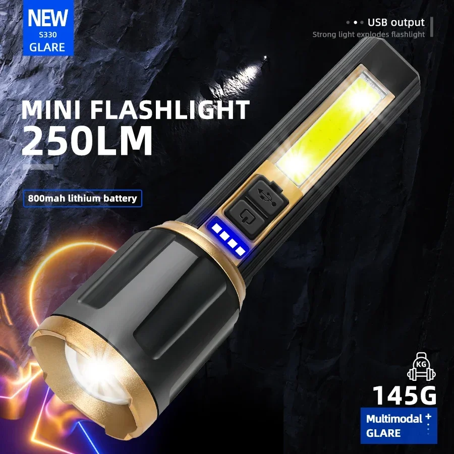 2000LM Super Bright LED Flashlight Tactical Zoom Built-in Battery USB Rechargeable with COB Side Light Portable Camping Lantern