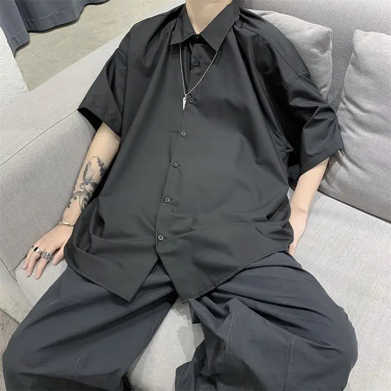 Solid Color Short Sleeve Ice Silk Shirt Tops Men's Trendy Loose Polo Neck Plus Size Casual Blouse Vintage Fashion Men Clothing