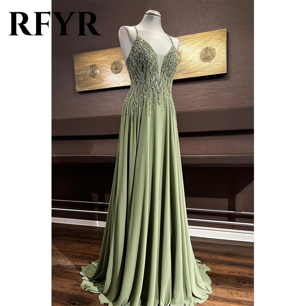 RFYR-Vestidos de renda com lantejoulas e bordados, V-Neck Prom Dress, Cruz frisada para trás, Chiffon Party Dress, Beach Party Dress, Long