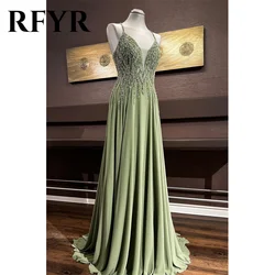 RFYR Dusty Sage Prom Dress Beach Lace Evening Dresses Beaded Cross Back Chiffon Party Dress V-Neck Sequins Embroidery Long 프롬드레스